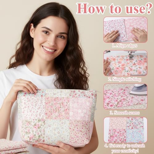 48 Pcs 10 x 10 Inches Pink Floral Cotton Fabric Bundles, Precut Pink Retro Floral Fabric Squares, Spring Quilting Patchwork, Flower Leaves Sewing Fabrics, Assorted Pattern Cloth for DIY Craft Handmade