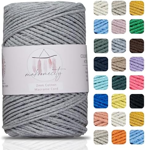 Makromecity, Cotton Macrame Cord 2mm x 195 Yards (590 feet) 2mm Recycled Cotton Crochet Yarn for Macrame Art & Crafts for Wall Hangings, Bags, Underplate, Rug (25 Colors Available) (Grey)