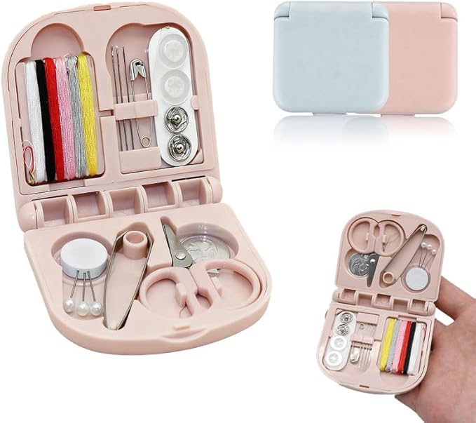 Reroon 2 Pack Mini Travel Sewing Kit for Adult & Kid | Portable Sewing Box Kit Bulk | Small Emergency Repair Set with Thread Scissors Needle for Travel, Beginner DIY Handcraft | Pink + Blue