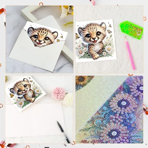 LazyFold 6 Pcs Diamond Art Painting Greeting Cards Kits, DIY Cute Leopard Handmade Festival Greeting Cards with Envelopes Diamond Art Crafts Birthday Cards Creative Gift