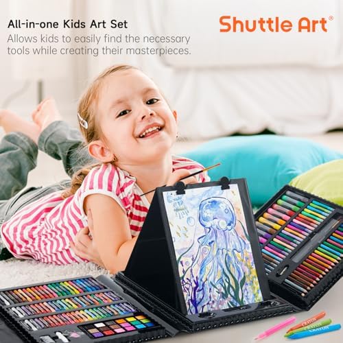 Shuttle Art 335 Piece Kids Art Set, Multi-Media Art Supplies, Gift Art Kit with Trifold Easel, 2 Drawing Pads, 2 Coloring Books, Oil Pastels, Crayons, Watercolors, Markers, Colored Pencils (Black)