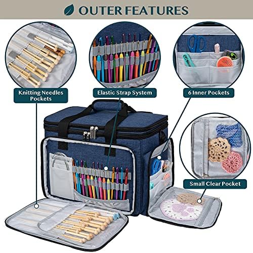 PAVILIA Knitting Bag Yarn Storage Tote, Large Crochet Organizer Bag, Yarn Storage Holder for Crocheting Knitter, Knitting Project Bag, Crochet Accessories Set, Gifts For Crochet Lovers, Heather Navy