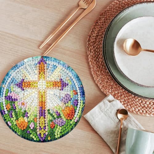 8 Pcs Christ Cross Diamond Art Coasters Kits 4x4 inch (Cork Wooden Pad)