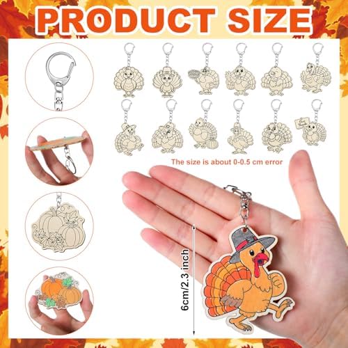 Trnayi 36 Pcs Thanksgiving Turkey Wood Keychain DIY Craft | Thanksgiving Turkey Wooden Keychain, Color Your Own Unfinished Craft, Blank Wood Painting DIY Craft, for Autumn Art Project