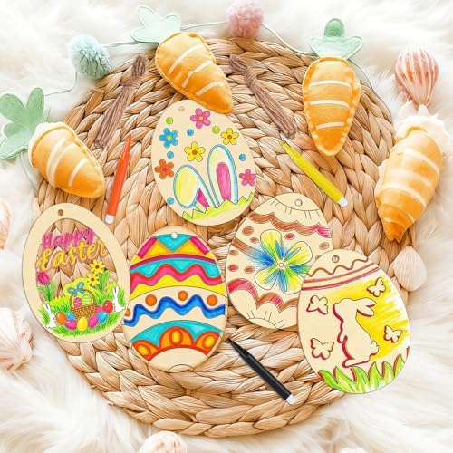 Philorn 40PCS Easter Wooden Crafts Wood Ornaments Kits | Easter Wooden Egg Crafts DIY Eggs Hanging Set for Kids Easter Party Supplies Kids Painting Arts Crafts Spring Home