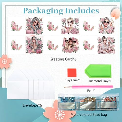 antor 6 Pack 5D Diamond Painting Greeting Cards, Elegant Woman with Floral Design DIY Diamond Art Cards with Envelopes, Handmade Rhinestone Birthday Wedding Thank You Cards for Adults
