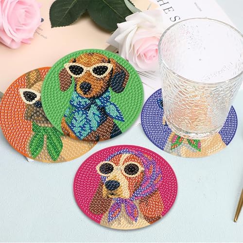 8 Pcs Dog Diamond Painting Coasters Kits with Holder,Dog Wearing Glasses Diamond Art Coasters with Wooden Pad,DIY Round Drill Rhinestone Painting Art Kit Craft for Adults Supplies Gift 4X4 Inch.
