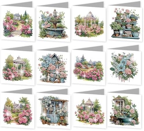 C'eitura 12Pcs Garden Flowers Diamond Art Painting Greeting Card Kit with Envelopes, DIY Floral Christmas Birthday Thanksgiving Card Making Set, All Occasion Handmade Card Craft
