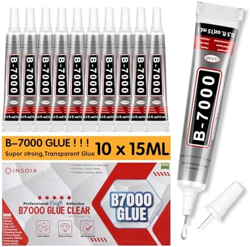INSOIA Bedazzling Glue B7000 Clear, 10 x 15ml Precision Tip