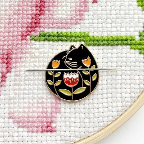 Needle Minder for Keeping Sewing & Embroidery Needles – Magnetic Needlepoint Holder, Cross Stitch Supplies – Secure & Decorative Needle Minders for Stitching & Crafting (Floral Cat)