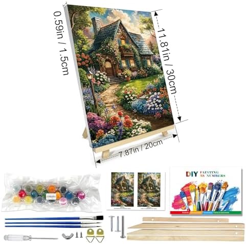 JOOZ Paint by Numbers Kit for Adults with Frame, Landscape Paint by Number Canvas, House Flowers Paint by Number with Easel, DIY Acrylic Oil Painting Kit for Home Wall Decor 8 x 12 Inch
