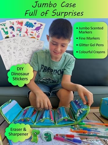 NUMI'SMILE Dinosaur Pencil Case with Fruit Scented Markers Art Set, Dinosaur Gifts for Boys Ages 3 4 5 6 7 8 9 Years and Up, Dinosaur Toys, Dino Coloring Art Supplies, Birthday Boy Present & Kids