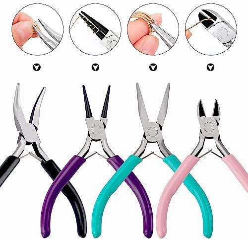 URSKYTOUS 4Pcs Jewelry Pliers Set Jewelry Making Pliers Tools Kit Include Jewelry Making Needle Nose Chain Nose Round Bent Pliers Wire Cutter for Bracelet Beading DIY Craft Jewelry Making Supplies