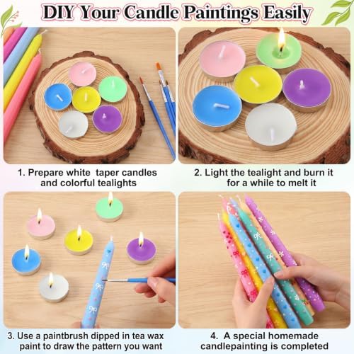 MTLEE 78 Pcs DIY Candle Painting Kit Include 12 Taper Candles 60 Colored Tealight Candles 6 Paint Brushes for Crafts Birthday Wedding Party Favors (Macaron Color)