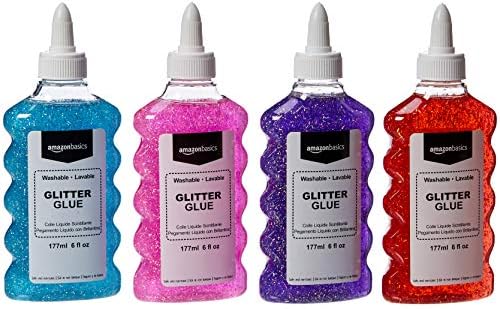 Amazon Basics Liquid Washable Glitter Glue for Making Slime, Art Crafts and School, Assorted Colors (Purple, Pink, Red, Blue), 6 oz Each, 4-Count