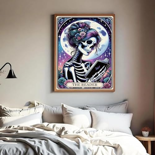 The Reader Skeleton Diamond Art Kits for Adults Beginners, 5D DIY Diamond Painting Kits, Full Round Drill Diamonds Dots Gem Art Crystal, Home Wall Decor 12X16 Inch