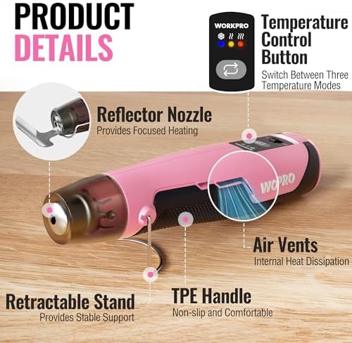 WORKPRO 7.2V Pink Cordless Mini Heat Gun, 1.5s Fast Heating | 3 Temp Settings (Cool/572°F/842°F), 4000mAh Battery, USB-C Charging Cable Included, For DIY Crafts, Pink Ribbon