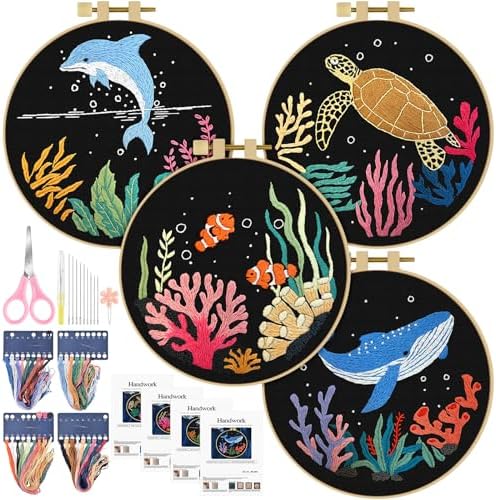 ERKOON 4 Set Embroidery Kit for Beginners, Cross Stitch Set Include Embroidery Cloth Hoops Threads for Craft Lover Hand Stitch with Embroidery Skill Techniques (Marine Animals)