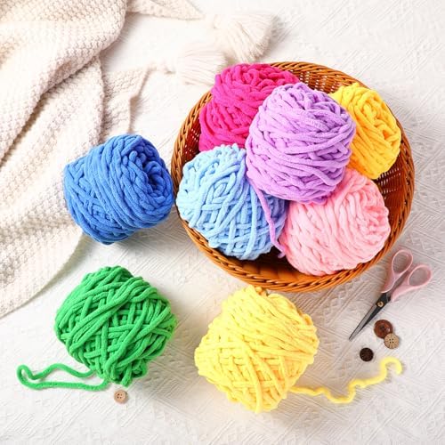 Buryeah Chunky Chenille Yarn for Crocheting, Novel Colors, 8 Pack