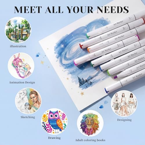 Alcohol Markers, 48 Colors Dual Tip Art Coloring Markers Set Chisel & Fine, for Kids Adult Book Drawing Sketching Illustration, Poster Wood Fabric More Surface,Fade Resistant Ink ,Storage Case