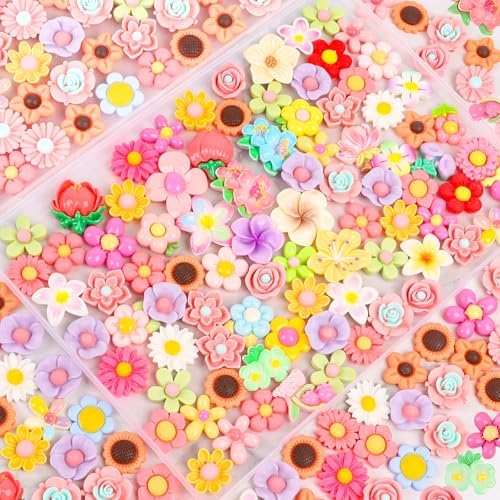 FOIMAS Flower Resin Flatback Charms,150pcs Spring Flower Embellishment Resin Miniatures Embellishment for Craft Slime Ornament Decoration Supply