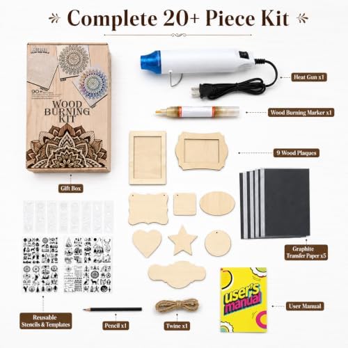 Xenolog Wood Burning Kit for Beginners - Complete 20+ Piece Pyrography Set with Heat Gun, Markers, 9 Wood Plaques, Stencils, Transfer Paper - Art Craft Gift for Adults, Teens, DIY Artists