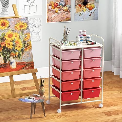 Giantex 10 Drawers Rolling Cart, Classroom Organizers, Storage Cart with Wheels, for Teacher Office Home School Supplies Tool Craft Art Paper, Pink Gradient