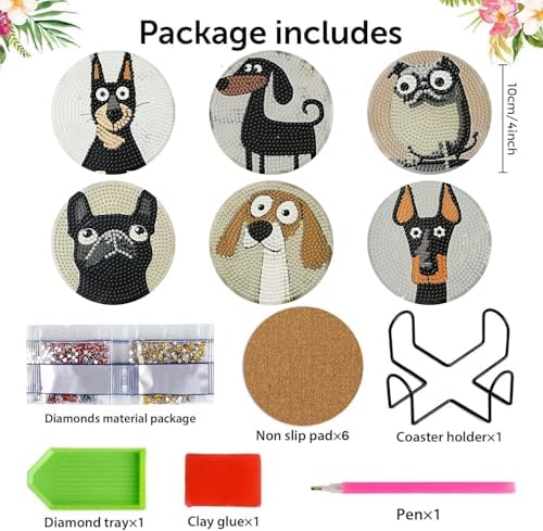 ijbnhd 6 Pcs Dog Diamond Painting Coasters Kits with Holder