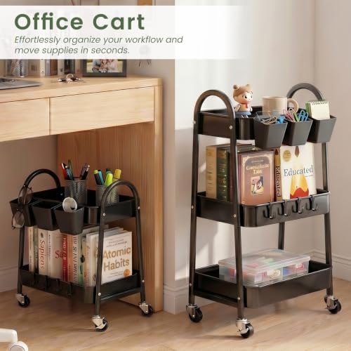 danpinera 2-Tier Rolling Cart, Utility Cart Mobile Metal Rolling Storage Cart with Lockable Wheels & Hanging Cups & Hooks for Kitchen, Bathroom, Office, Workshop, Purple