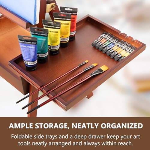 Wooden H-Frame Studio Easel with Storage Drawer and Palettes, Walnut | Solid Beechwood Painting Easel for Students, Beginners, and Artists, Hold Canvas to 36Inches High