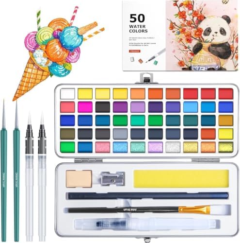 Professional 50 Colors Watercolor Paint Set, Travel Art Kit with Brushes