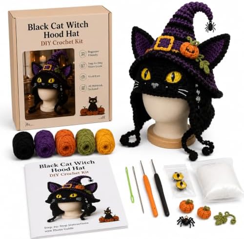 LWLQCZJ DIY Crochet Kit Fantasy Animal Hood Hat Beginner Craft Set with Yarn & Hook (Black CAT)