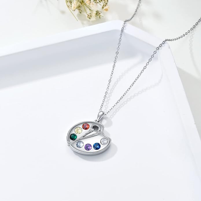 Artist Paint Palette and Brush Necklace - 925 Sterling Silver Pigment Pendant, Colorful Painters Charm, Future Artist Jewelry Gifts for Women