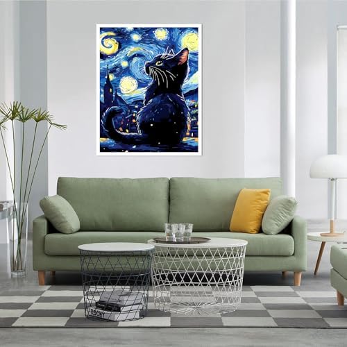 AALBLAC Black Cat Paint by Numbers Kit for Adults Beginners, Cat Adult Paint by Number Kits on Canvas, DIY Acrylic Starry Night Oil Painting for Home Wall Decor 16x20 Inch