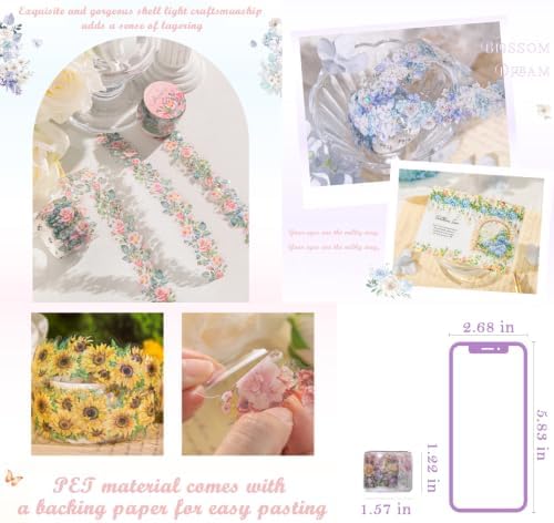 PET Tape Stickers for Scrapbook Supplies,Flowers Stickers for Journaling