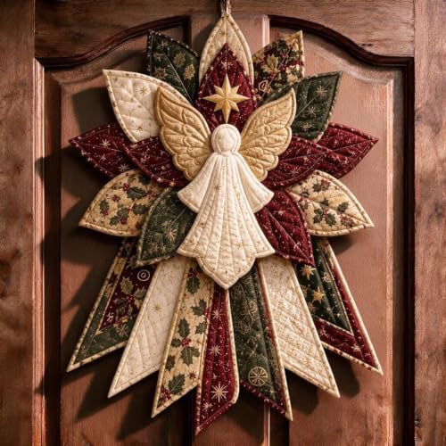Festive Quilted Christmas Door Hanging DIY Sewing Kit, Christmas Quilted Bow DIY Kit with Fabric, Batting, Thread, Templates & Instructions, Patchwork Hanging Decor Kit for Door Wall Display