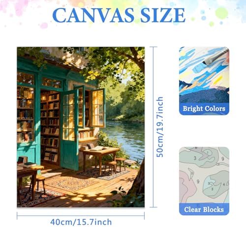 MIRCVSH DIY Bookstore Paint by Numbers Kit for Adults,Riverside Scenery Painting by Number Kits for Adult Beginners,Watercolor Oil Painting Kit for Home Decor Gifts 16x20 Inch.
