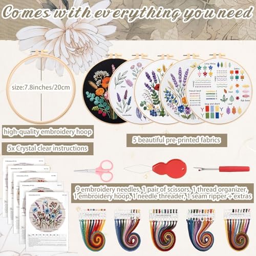 Yinder 5 Set Needlepoint Kits for Beginners Hoops Patterns,Flowers