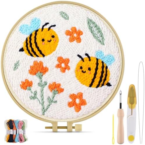 TINDTOP Punch Needle Kits, DIY Punch Embroidery Kits for Adults Beginner, Tool with Punch Needle Fabric, Hoops, Yarns and Sewing Needles (Set E)