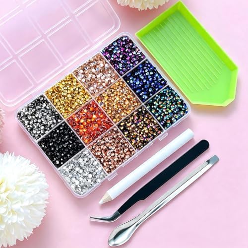 9000Pcs Resin Jelly Rhinestones for Bedazzling 12 Colors 3mm Flatback Dark Shades Gems for Diamond Art, Bedazzler Kit with Tools Perfect for Nail Art Crafting Clothing Makeup Shoes