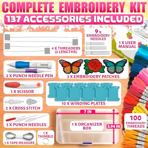 137-Piece Embroidery Kit for Beginners with 100-Color Floss