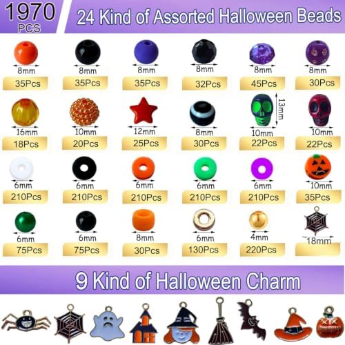 1970Pcs Halloween Bracelet Kit, Halloween Beads for Bracelets Jewelry Making Orange Black White Purple Polymer Clay Beads Pumpkin Evil Eye Skull Bead with Ghost Spider Charms for DIY Craft Earring