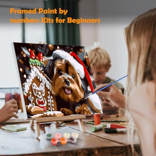 MOGTAA Christmas Paint by Numbers Kit for Adults Beginners with Frame, Christmas Dog Adult Paint by Number Kits on Canvas with Easel, Easy DIY Animal Oil Painting Kits for Home Decor, 8x12in