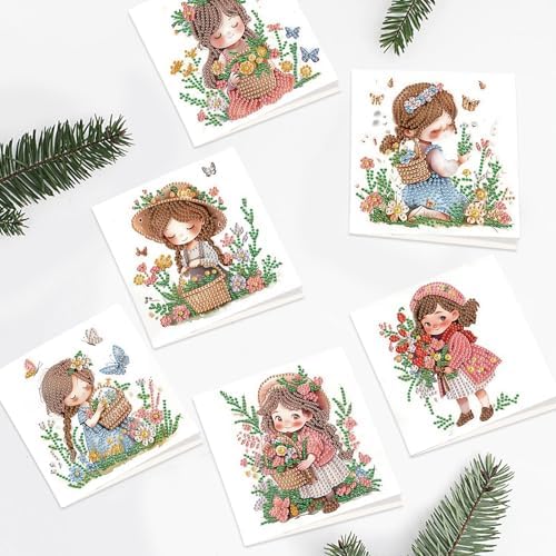 6pcs Diamond Art Painting Kit Greeting Card, Flower Picking Flower Garden 5D DIY Diamond Handmade Holiday Greeting Card with Envelope, Holiday Gift Congratulation