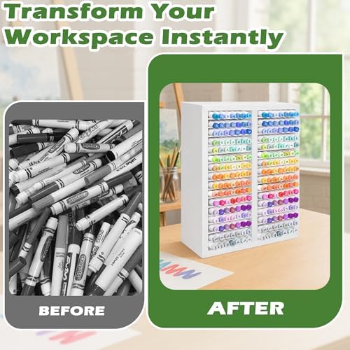 PROLEE Marker Organizer for 224 Markers, Wooden Alcohol Marker Holder with 32 Compartments, Horizontal Art Pen and Pencil Storage Rack for Desk, Classroom and Studio, White