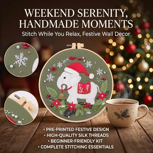 Harimau Adult Beginner Embroidery Starter Kit for Christmas Patterns, Complete Set with 4 Patterns, 2 Hoops, Needles, Scissors, Instruction Guide & Stitching Video Tutorials