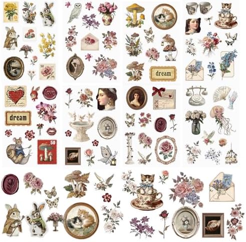 8 Sheets Vintage Cottagecore Aesthetic Stickers for Scrapbooking, Pre-Cut Clear Victorian Ephemera Floral Botanical Journal Stickers, Self Adhesive Junk Journal Supplies