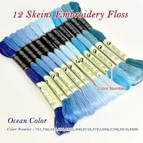 Premium Rainbow Color Embroidery Floss - Cross Stitch Threads - Friendship Bracelets Floss - Crafts Floss - 12 Skeins Per Pack Embroidery Floss,Ocean Color