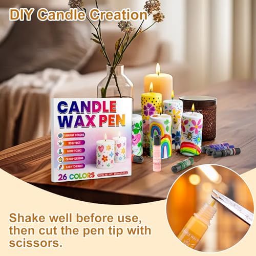 Candle Wax Pen 26 Colors Set - 3D Candle Paint with Glitter Gold Silver, Smooth Drawing Wax Pen for DIY Candle Making, Birthday, Wedding Party, Non-Toxic, Fast-Drying, Long-Lasting Color - 0.35oz/10ml