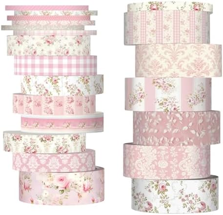 Colarr 21 Rolls Watercolor Floral Washi Tape Set 6 Yard Spring Flower Decorative Masking Tape for Craft DIY Arts Scrapbook Journaling Supplies Gift Wrapping, 3 Sizes (Roses)